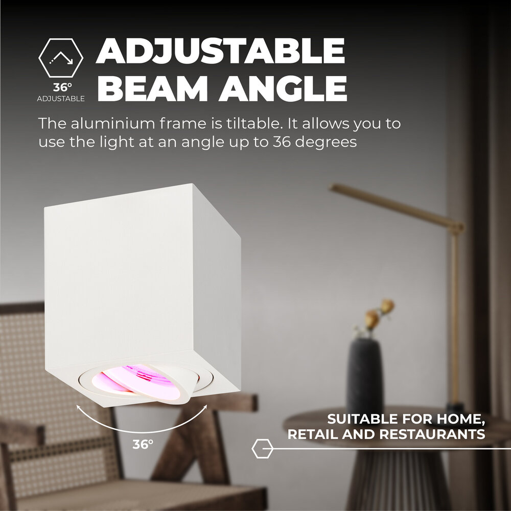 Ledvion Smart LED Single Ceiling Spotlight - 4.9W - RGB+CCT - Dimmable - Adjustable - Modern - Square - Surface Mount Downlight - White