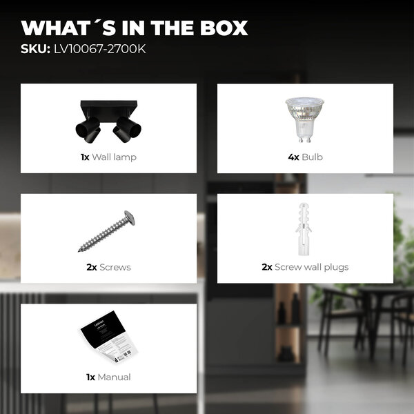 Ledvion LED Ceiling Spotlight With 4 Lights - 3W - Warm Black - Dimmable - Adjustable - Black - Square