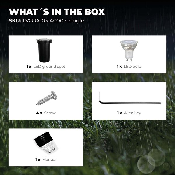 Ledvion LED Outdoor Ground Light GU10 - IP67 Waterproof - 3W - 4000K - Stainless Steel - Recessed Floor Light for Exterior / Garden / Landscape Use