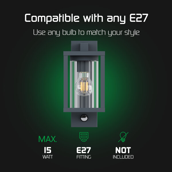 Ledvion LED Outdoor Wall Light with Motion Sensor - E27 Fitting - IP44 - Anthracite
