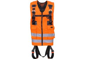 2-Punkt-Gurtzeug mit orangefarbener Warnweste und Schnellverschlüssen