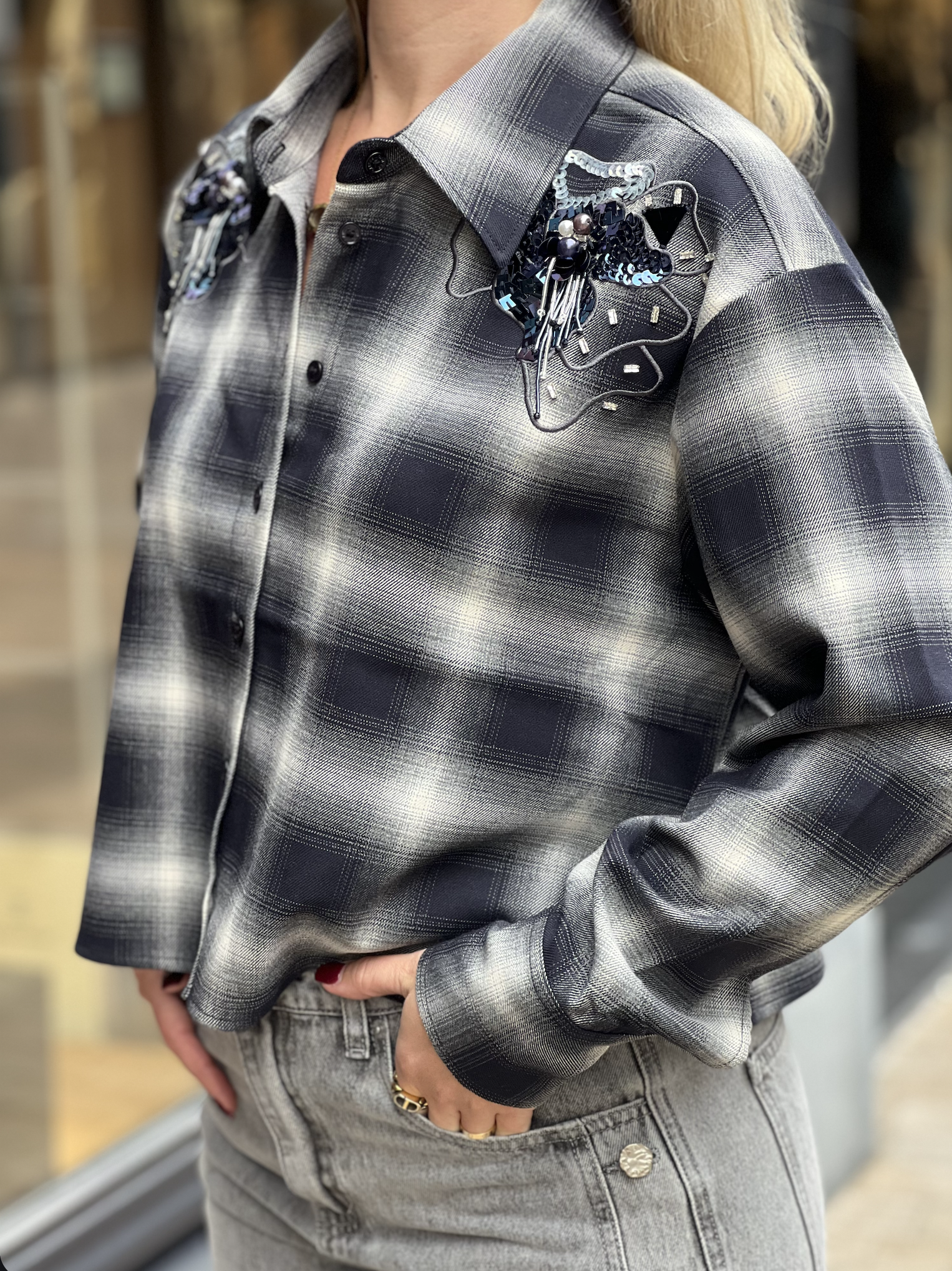 Eason check embellished shirt