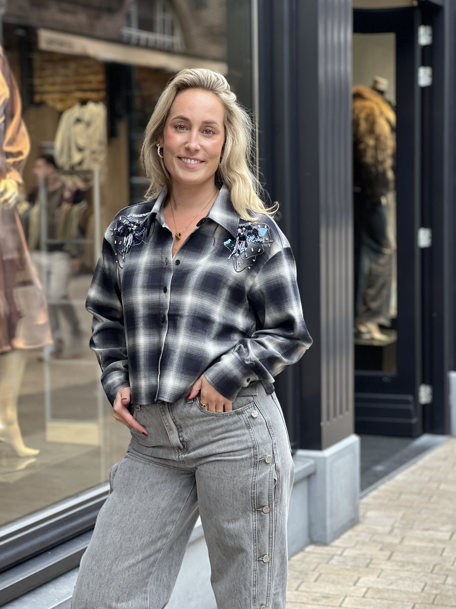 Eason check embellished shirt