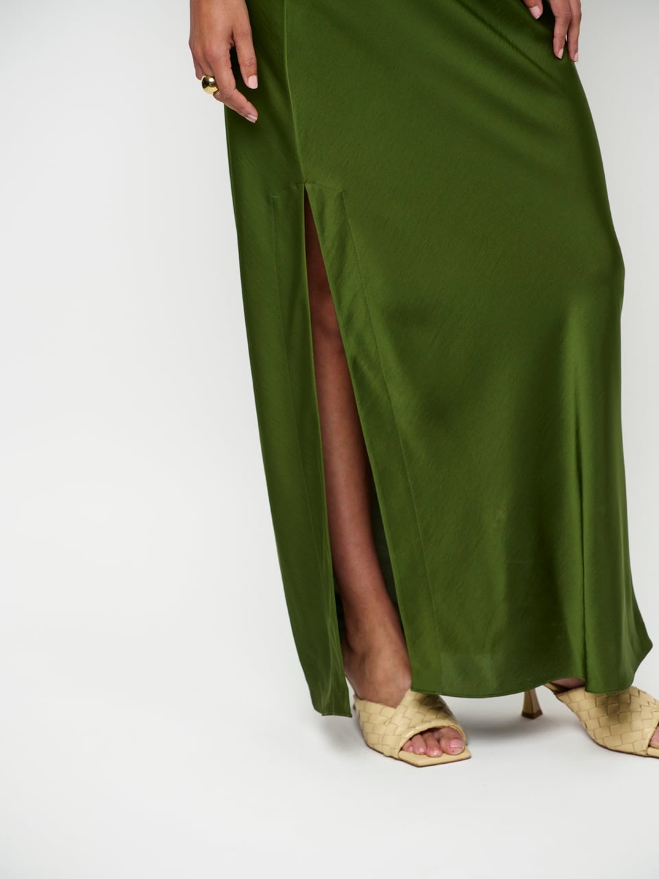 Epic off-shoulder satin maxi dress