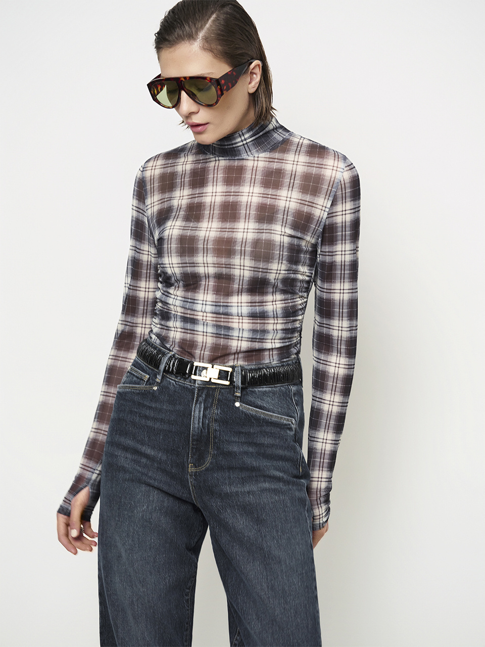 Casha printed check mesh top