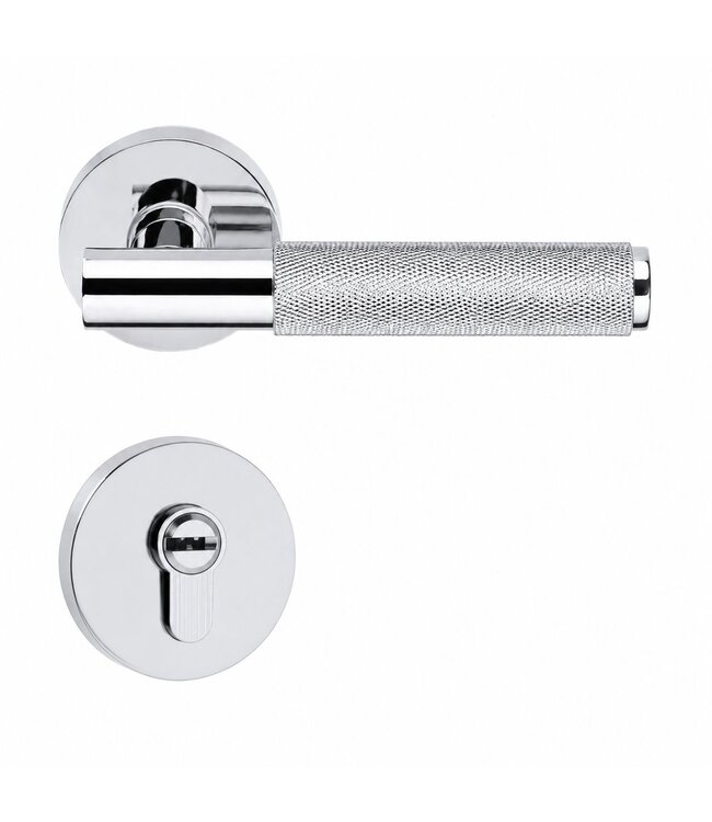 Silver knurled door handle round cylinder