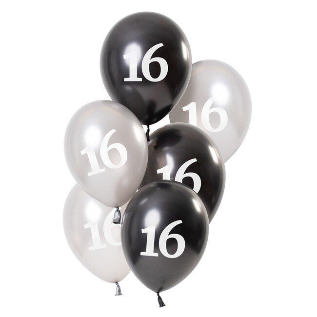 Ballonnen Glossy Black 16 Jaar 23cm - 6 stuks