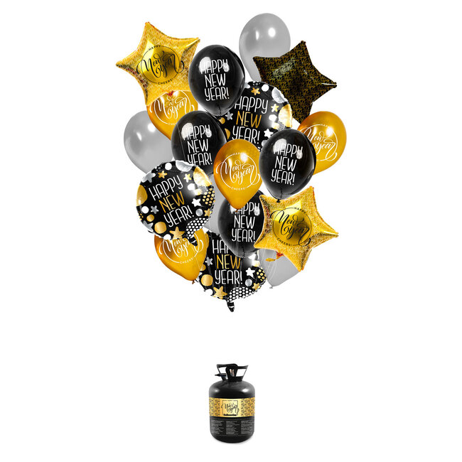 Helium Cilinder BalloonGaz 30 'Happy New Year' met Ballonnen en Lint