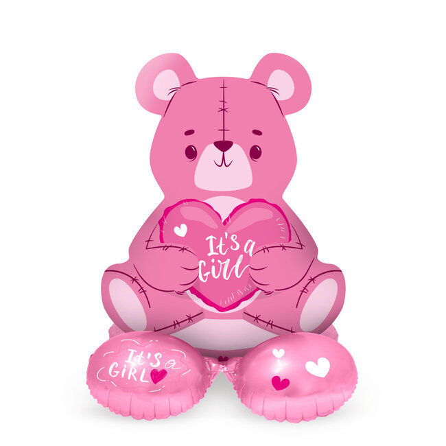 Staande Folieballon Beer 'It's a Girl' Roze - 61 cm
