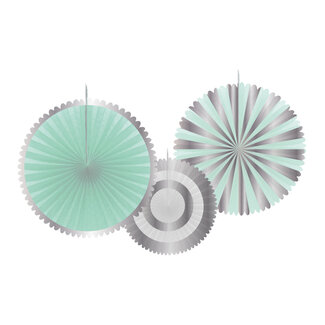 Folat Papieren Waaiers/Rozetten Mint/Zilver - 3 stuks