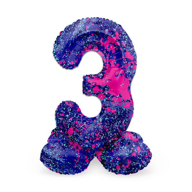 Staande Folieballon Cijfer 3 Paint Splash - 41 cm