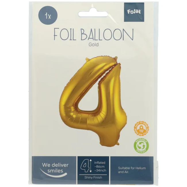 Folieballon Cijfer 4 - Goud - 86 cm