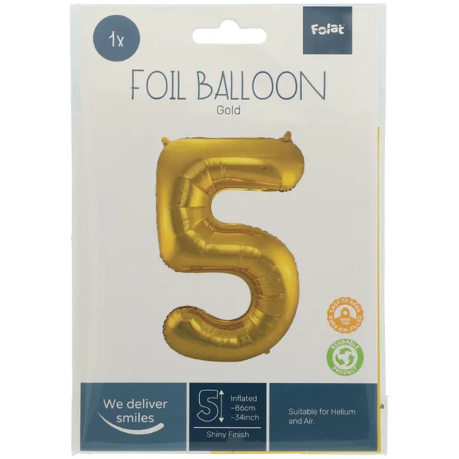 Folieballon Cijfer 5 - Goud - 86 cm