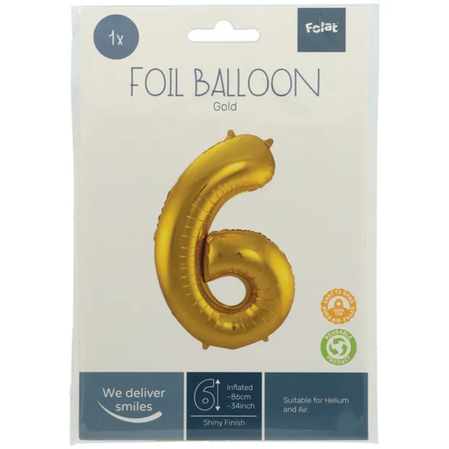 Folieballon Cijfer 6 - Goud - 86 cm