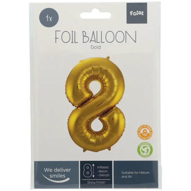 Folieballon Cijfer 8 - Goud - 86 cm
