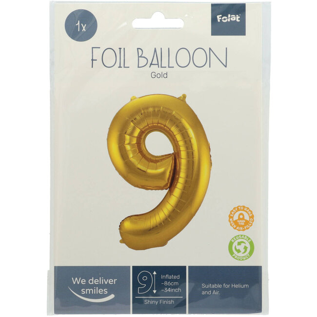 Folieballon Cijfer 9 - Goud - 86 cm