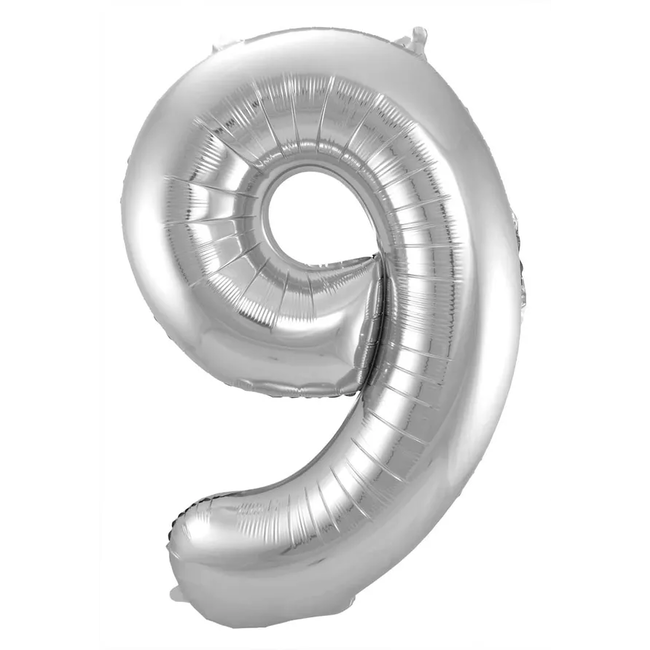 Folieballon Cijfer 9 - Zilver- 86 cm