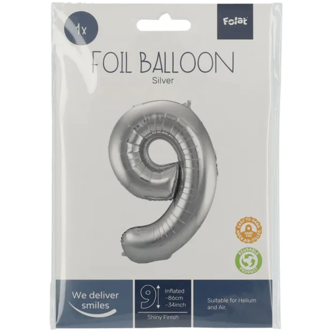 Folieballon Cijfer 9 - Zilver- 86 cm