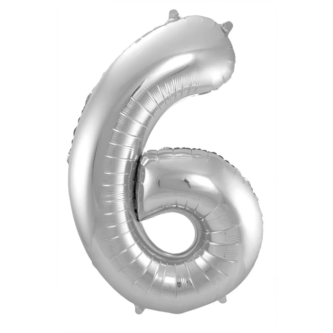 Folieballon Cijfer 6 - Zilver- 86 cm