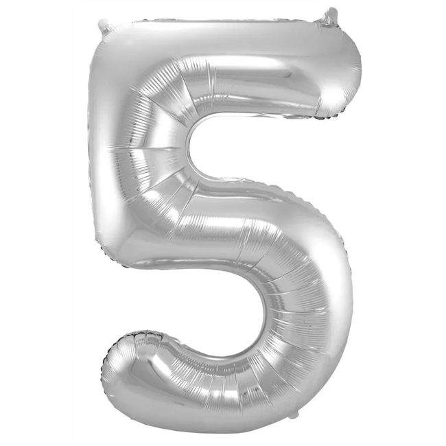 Folieballon Cijfer 5 - Zilver- 86 cm