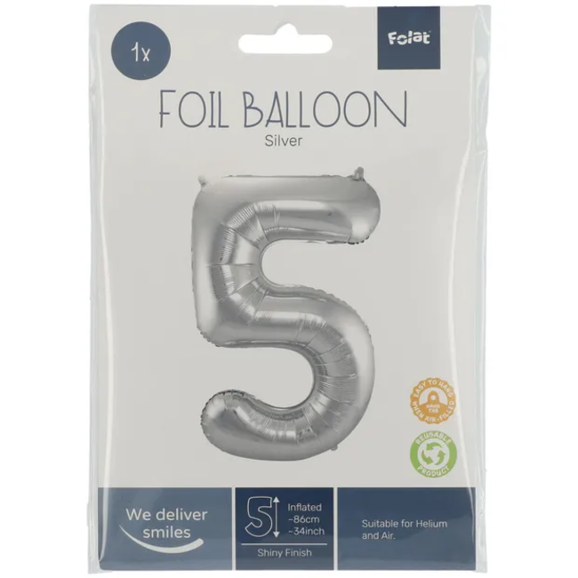 Folieballon Cijfer 5 - Zilver- 86 cm