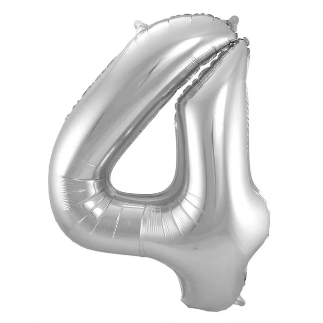 Folieballon Cijfer 4 - Zilver- 86 cm