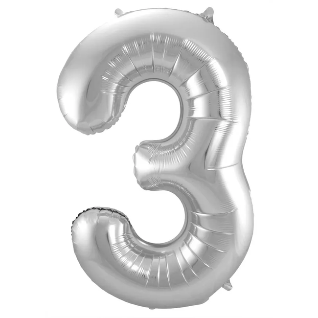 Folieballon Cijfer 3 - Zilver- 86 cm