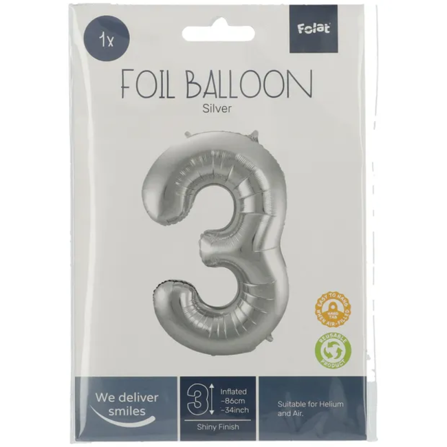 Folieballon Cijfer 3 - Zilver- 86 cm