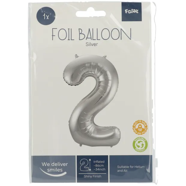Folieballon Cijfer 2 - Zilver- 86 cm