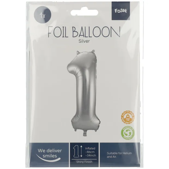 Folieballon Cijfer 1 - Zilver- 86 cm