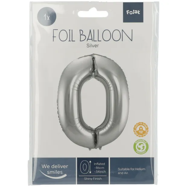 Folieballon Cijfer 0 - Zilver- 86 cm