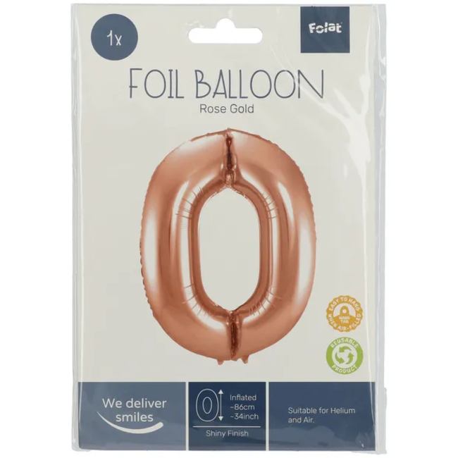 Folieballon Cijfer 0 - Rosé Goud - 86 cm