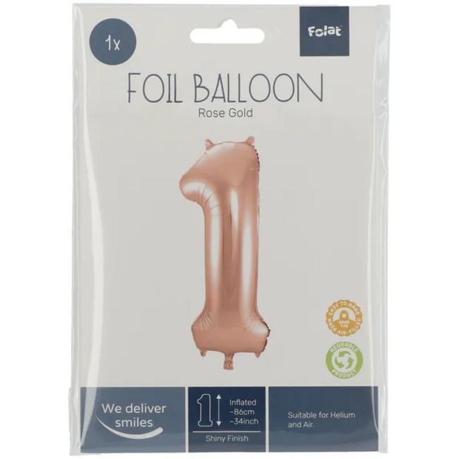 Folieballon Cijfer 1 - Rosé Goud - 86 cm
