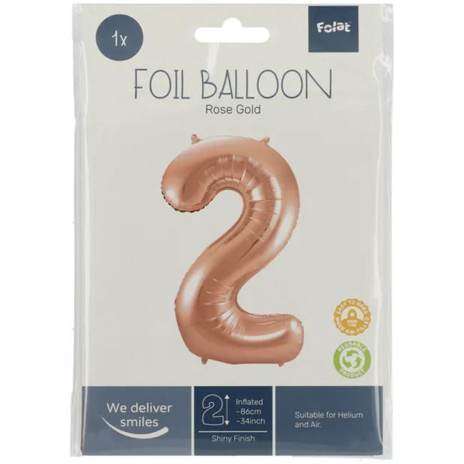 Folieballon Cijfer 2 - Rosé Goud - 86 cm