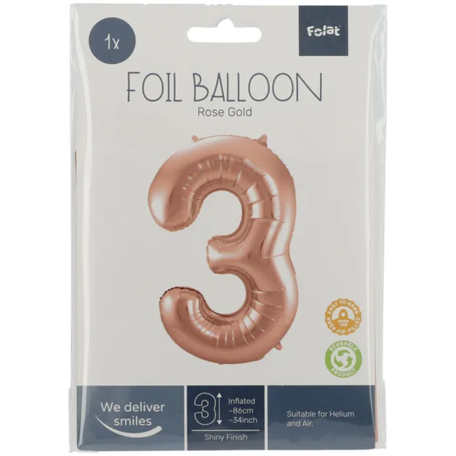 Folieballon Cijfer 3 - Rosé Goud - 86 cm
