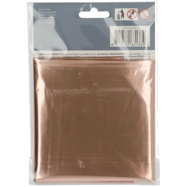 Folieballon Cijfer 3 - Rosé Goud - 86 cm