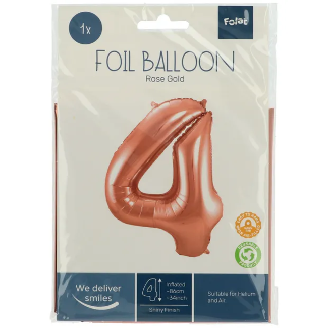Folieballon Cijfer 4 - Rosé Goud - 86 cm