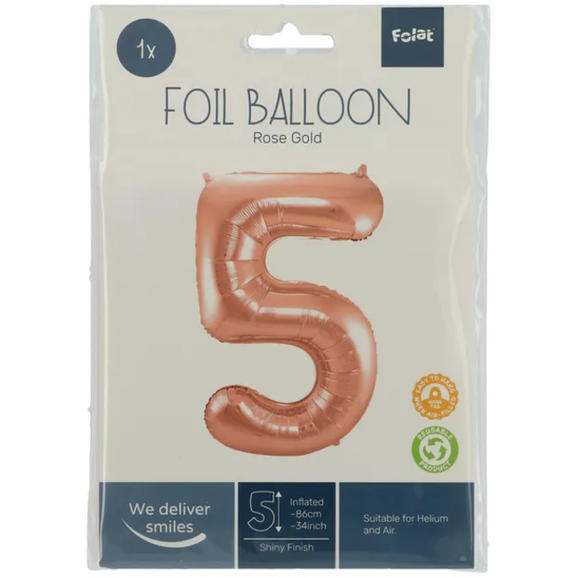 Folieballon Cijfer 5 - Rosé Goud - 86 cm
