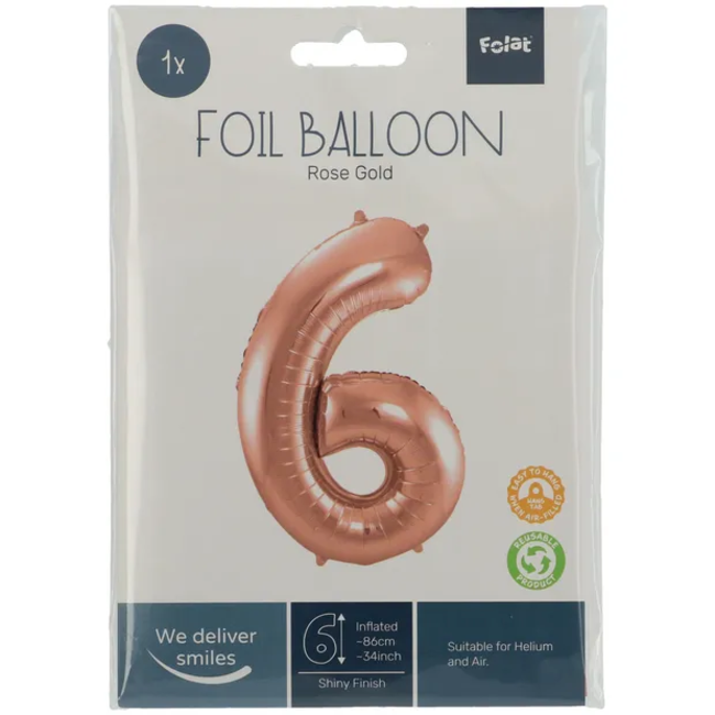 Folieballon Cijfer 6 - Rosé Goud - 86 cm