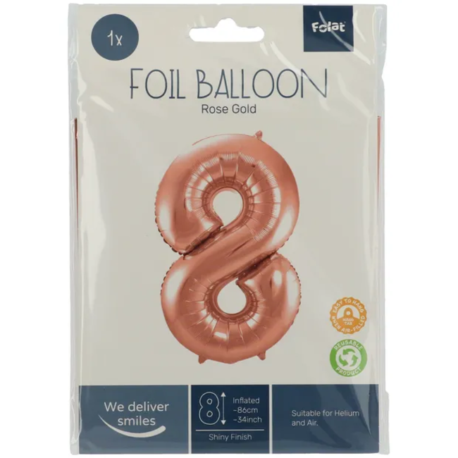 Folieballon Cijfer 8 - Rosé Goud - 86 cm