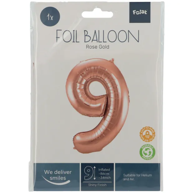 Folieballon Cijfer 9 - Rosé Goud - 86 cm