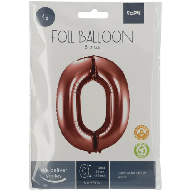 Folieballon Cijfer 0 Brons - 86 cm