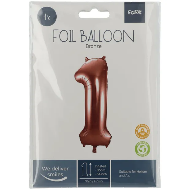 Folieballon Cijfer 1 Brons - 86 cm