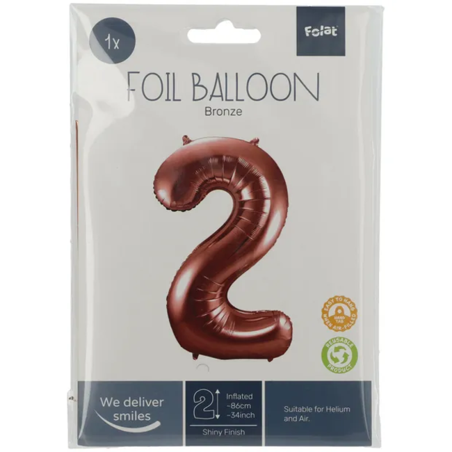 Folieballon Cijfer 2 Brons - 86 cm