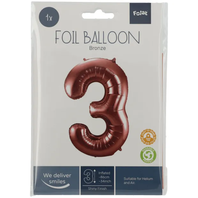 Folieballon Cijfer 3 Brons - 86 cm