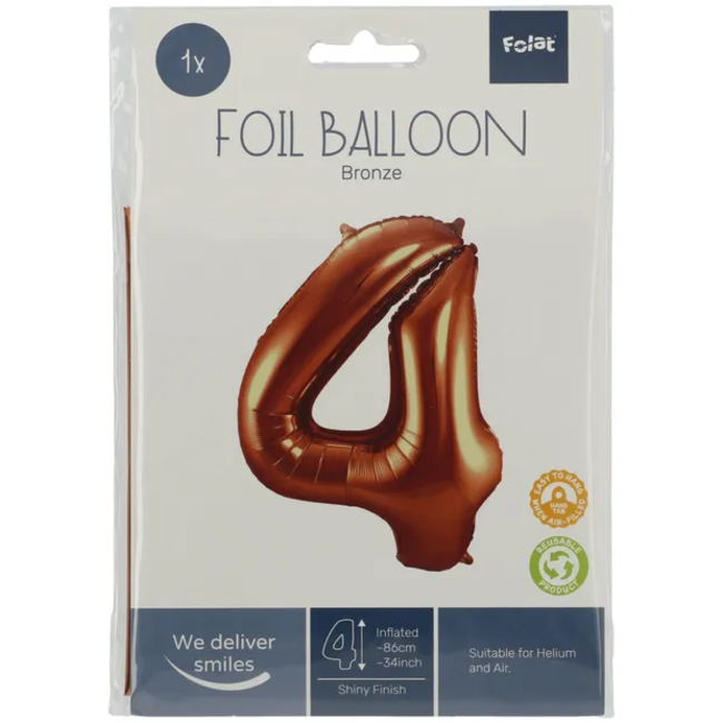Folieballon Cijfer 4 Brons - 86 cm