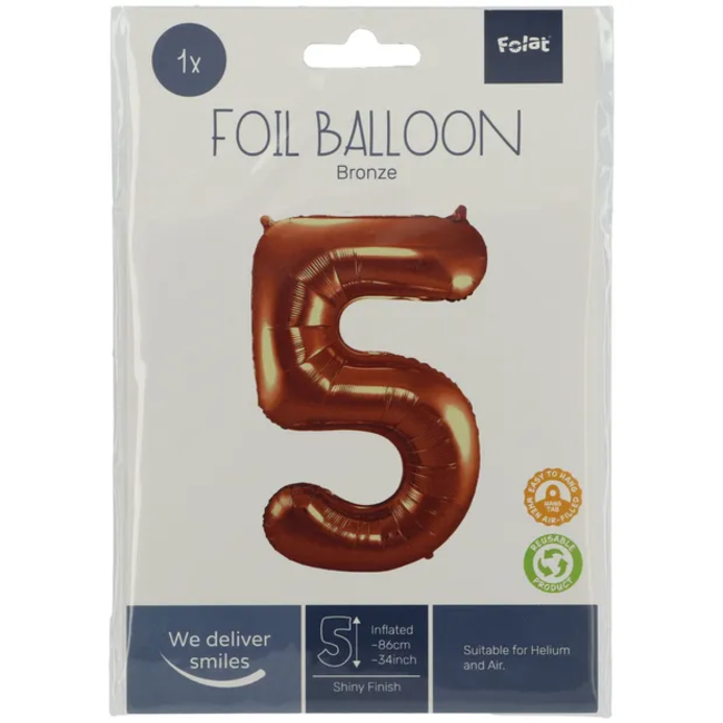 Folieballon Cijfer 5 Brons - 86 cm