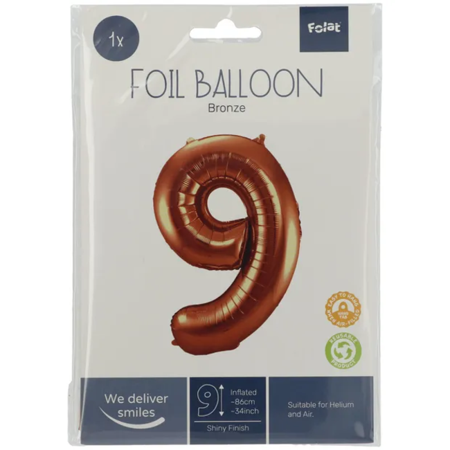 Folieballon Cijfer 9 Brons - 86 cm
