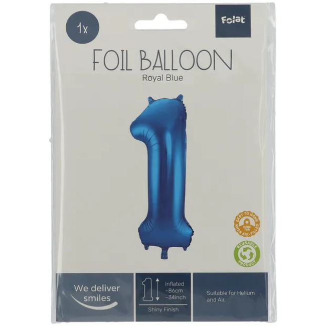 Folieballon Cijfer 1 - Blauw - 86 cm