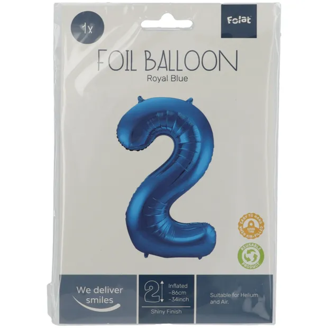 Folieballon Cijfer 2 - Blauw - 86 cm